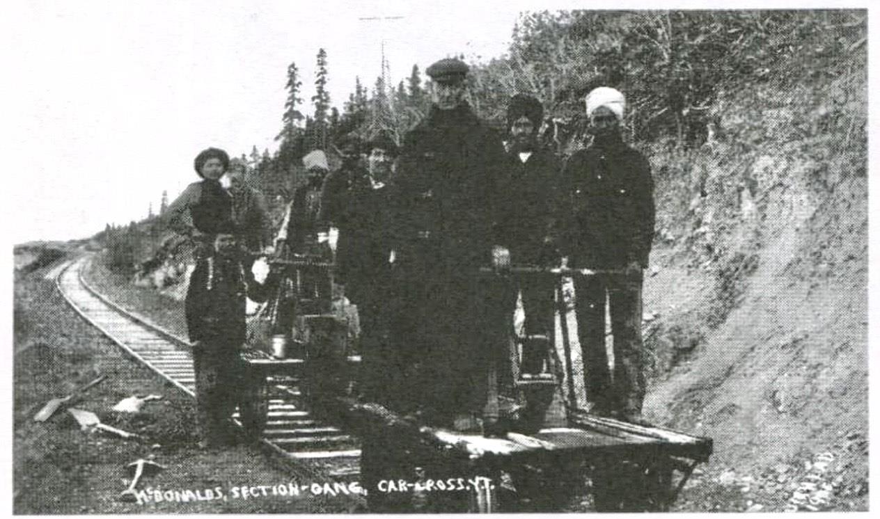 Sept 1906, Picture of 4 Sikh men, part of WhitePass and Yukon Route railroad crew near Carcross, YT. Photo by Lewis Muirhead. Courtsey MacBride Museum, Whitehorse, Yukon